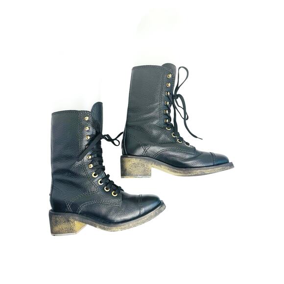 CHANEL Black Grained Leather Lace-Up Combat Boots with Gold Eyelets Size 36.5 - Picture 10 of 12